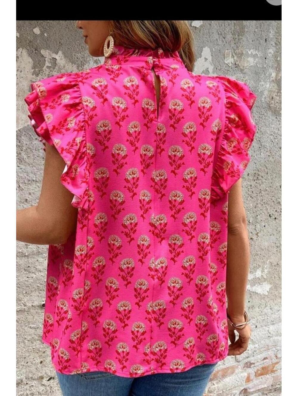 SHEIN Hot Pink Floral Sleeveless Pleated Ruffle Blouse. Size XL. Summer. - Picture 2 of 11